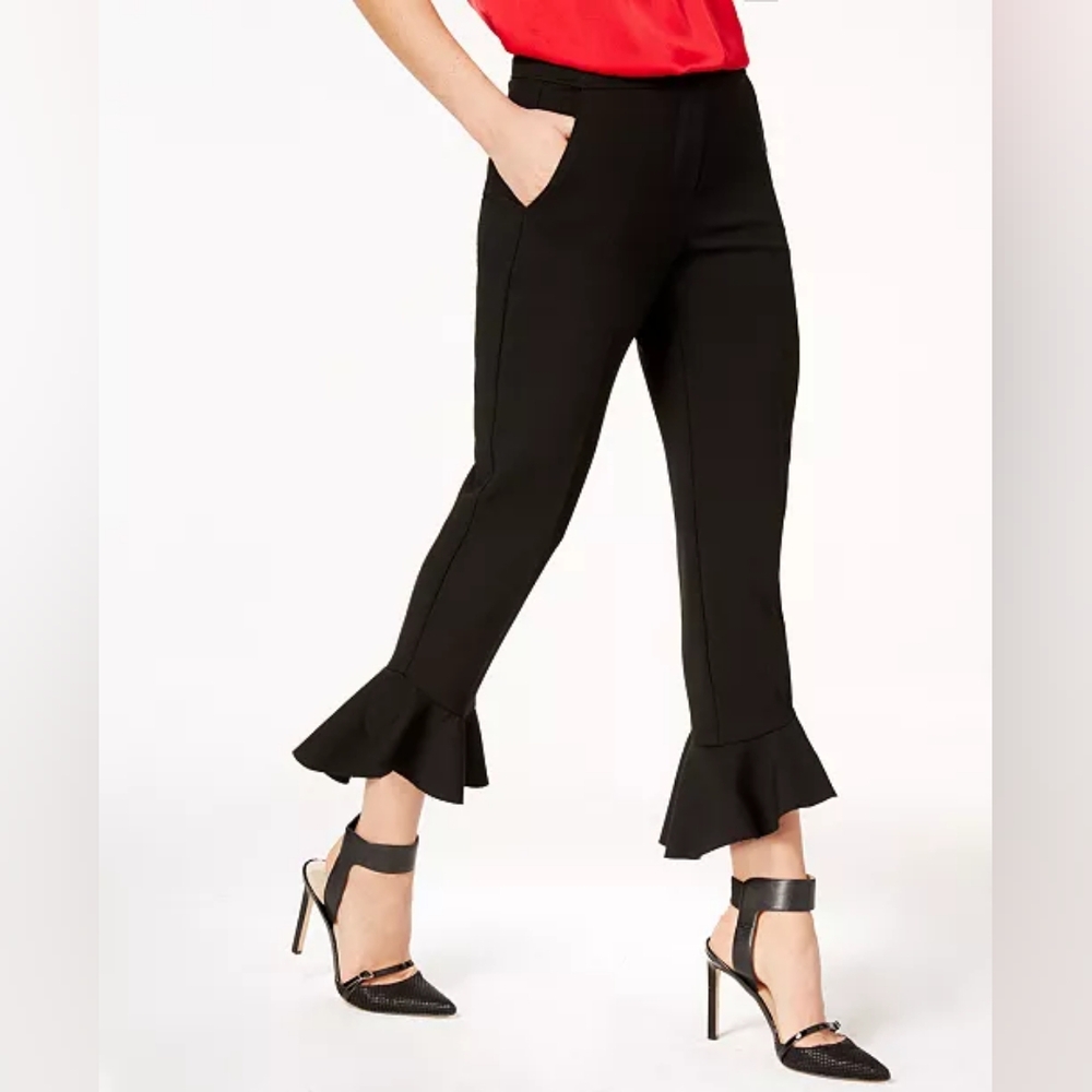 Trina Turk Black Cropped Ruffle-Hem Pants